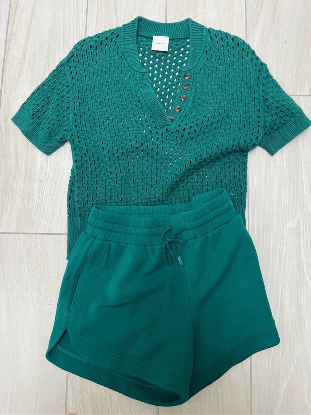 Varley Teal Knit Short Sleeve Sweater & Shorts Set